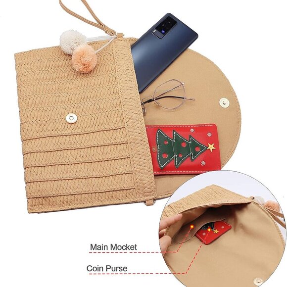 Straw Clutch Bag Women Woven Purse Shoulder Casual Beach Handbag Wallet - Picture 5 of 7